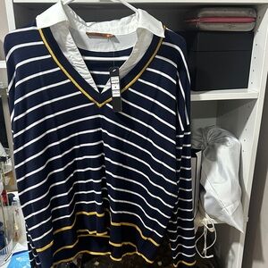 Belldini Navy and Yellow Striped V-Neck Sweater